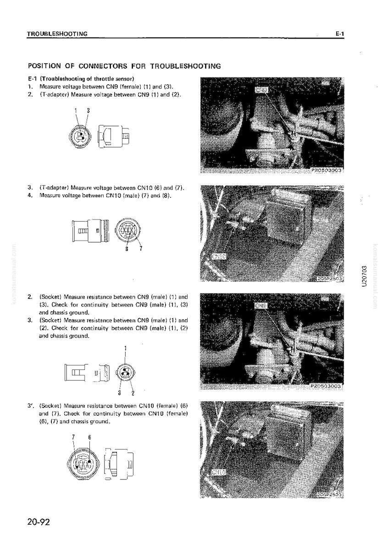 May include: Diagram of automotive connectors for troubleshooting, with labels and measurements. Includes close-up images of connectors and wiring, with text indicating voltage and resistance measurements for specific points.