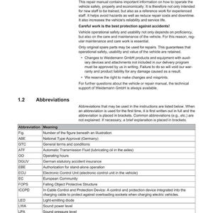 May include: A page from a repair manual with the Weidemann logo. The document includes sections on preface, notes, and abbreviations. A table lists abbreviations and their meanings, such as ATF for Automatic Transmission Fluid.