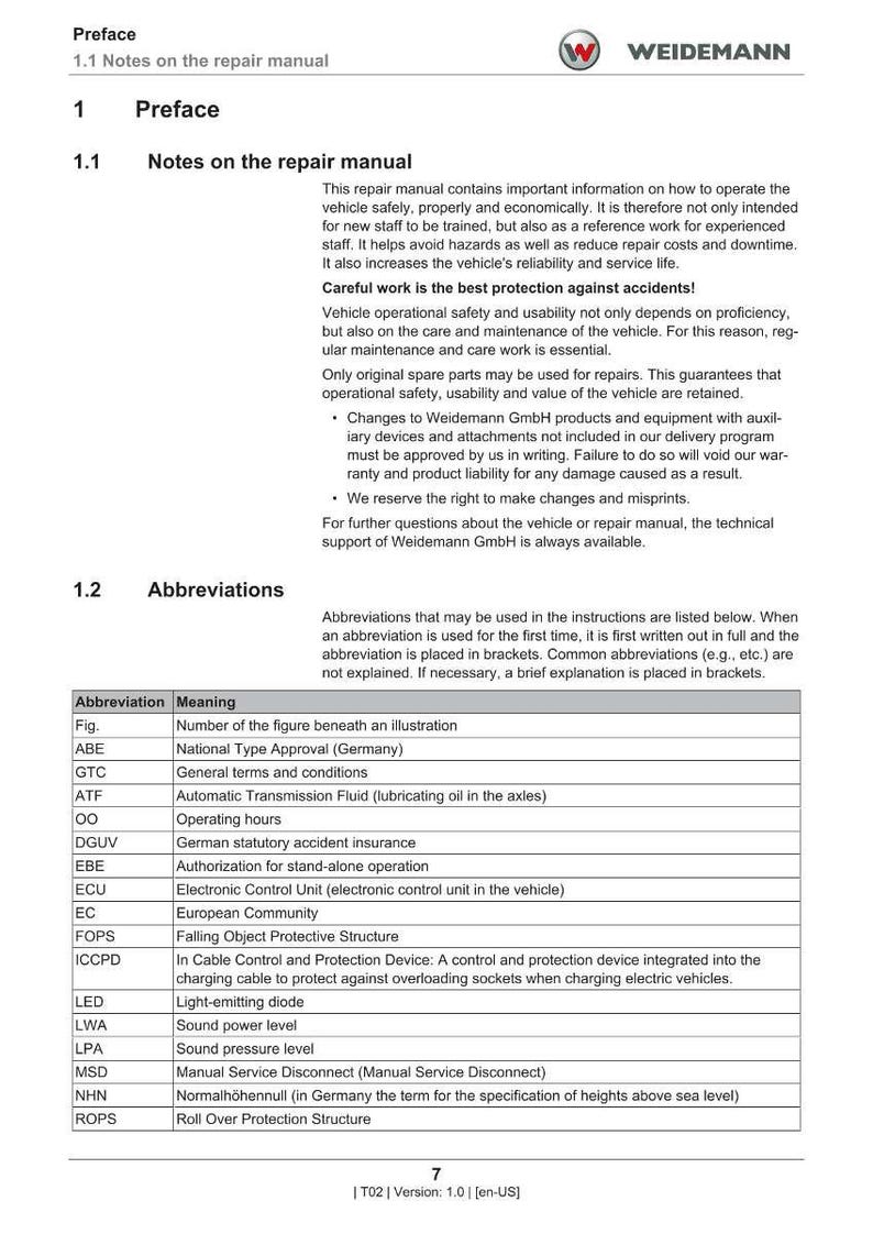 May include: A page from a repair manual with the Weidemann logo. The document includes sections on preface, notes, and abbreviations. A table lists abbreviations and their meanings, such as ATF for Automatic Transmission Fluid.