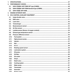 May include: A service manual for MF1750M/1755M/1765M engines. The table of contents includes specifications, performance curves, engine exterior view, and ECU control auxiliary equipment. The manual is printed on white paper with black text.