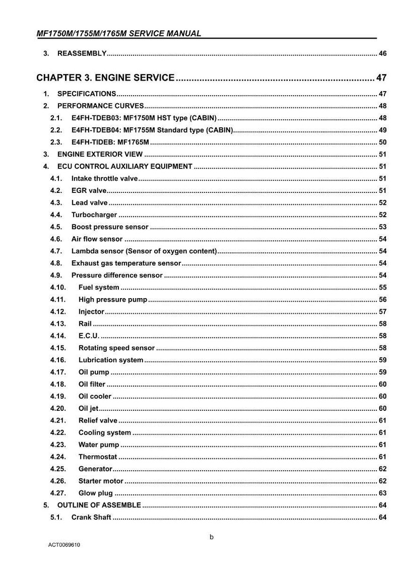 May include: A service manual for MF1750M/1755M/1765M engines. The table of contents includes specifications, performance curves, engine exterior view, and ECU control auxiliary equipment. The manual is printed on white paper with black text.
