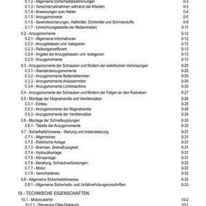 May include: A detailed table of contents in German, with headings and subheadings. The document covers topics like safety instructions, tightening torques, and technical specifications. The text is in black font on a white background.