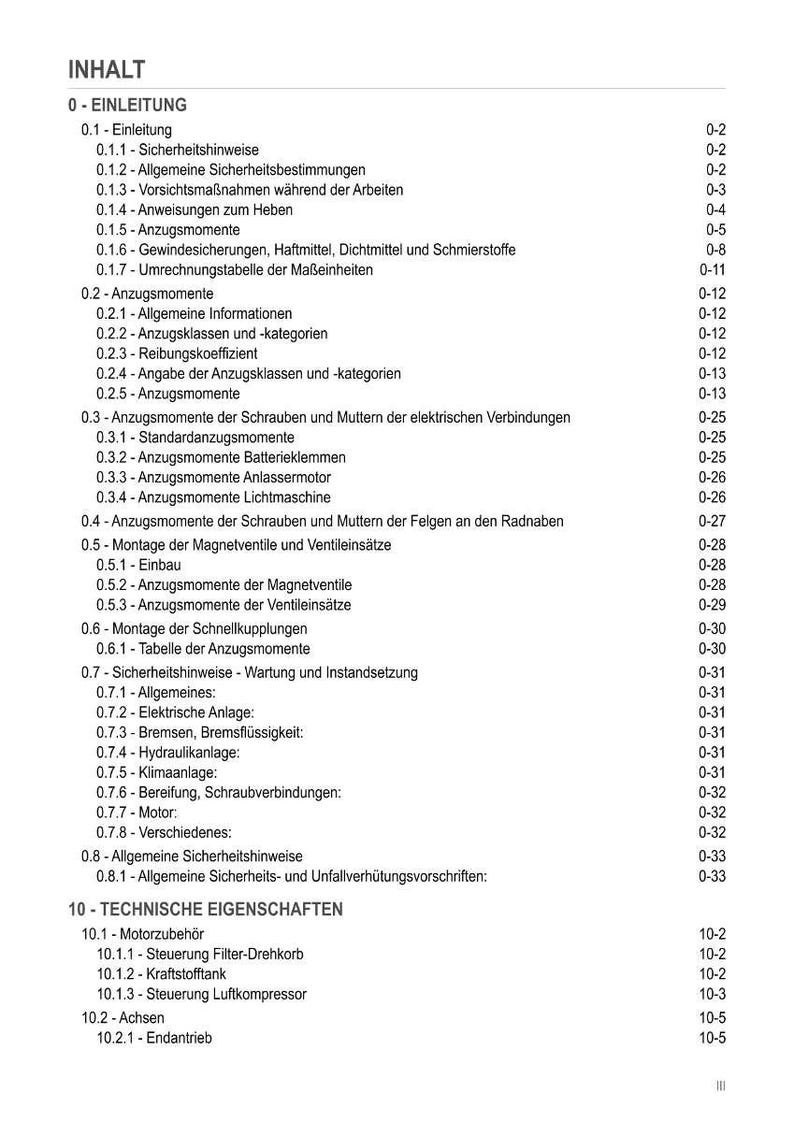 May include: A detailed table of contents in German, with headings and subheadings. The document covers topics like safety instructions, tightening torques, and technical specifications. The text is in black font on a white background.