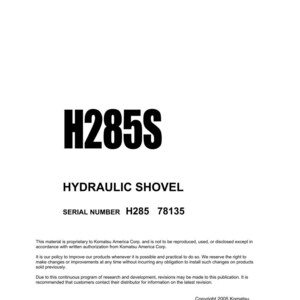 Puede incluir: Documento blanco titulado "Electrical Diagram" con el texto "H285S" y "HYDRAULIC SHOVEL". Incluye el n&uacute;mero de serie "H285 78135" e informaci&oacute;n de copyright de Komatsu America Corp. Con fecha de marzo de 2005.