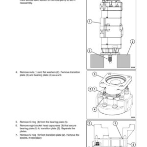 May include: Diagram of hoist pump disassembly, with numbered components and instructions. Includes illustrations of the pump, nuts, washers, plates, and O-rings. Text includes steps for removal and reassembly.