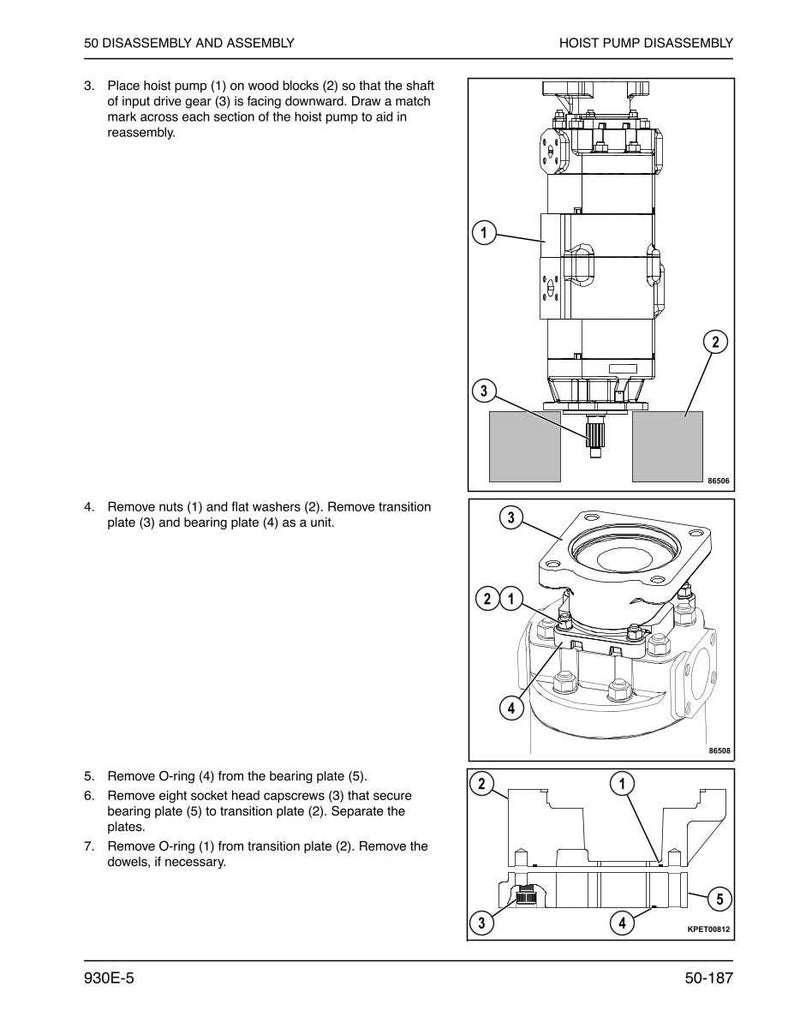 May include: Diagram of hoist pump disassembly, with numbered components and instructions. Includes illustrations of the pump, nuts, washers, plates, and O-rings. Text includes steps for removal and reassembly.