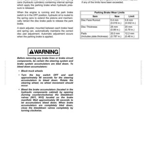 May include: A technical document with text and tables detailing parking brake service criteria. Includes wear limits for disc face runout, disc thickness, and pads, measured in inches and millimeters. A warning is also present.
