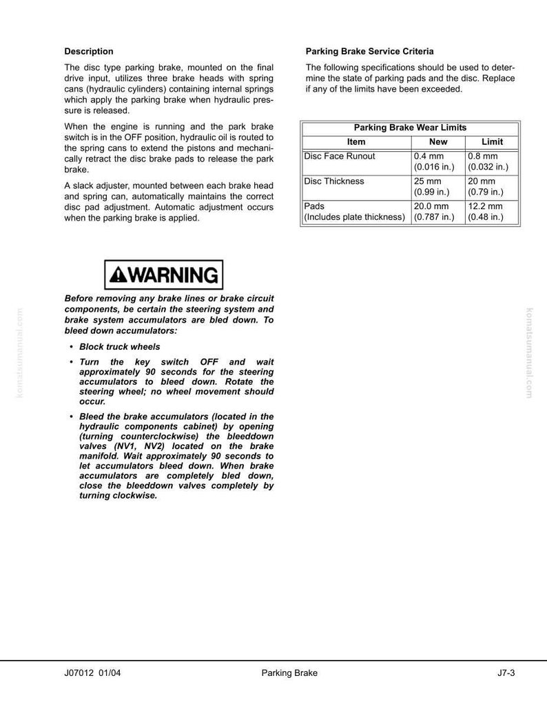 May include: A technical document with text and tables detailing parking brake service criteria. Includes wear limits for disc face runout, disc thickness, and pads, measured in inches and millimeters. A warning is also present.