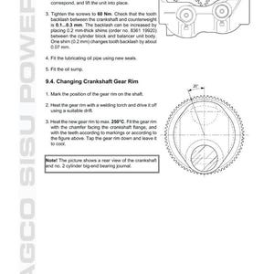 May include: Technical diagram with instructions for fitting a counterbalance unit and changing a crankshaft gear rim. Includes diagrams of mechanical components, measurements in Nm and mm, and text instructions.