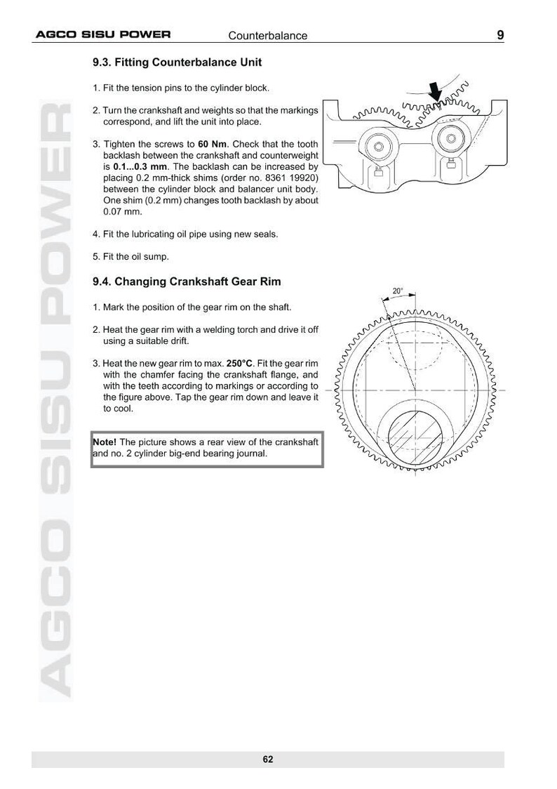 May include: Technical diagram with instructions for fitting a counterbalance unit and changing a crankshaft gear rim. Includes diagrams of mechanical components, measurements in Nm and mm, and text instructions.