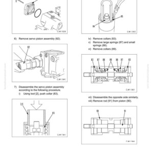 K&ouml;nnte beinhalten: Diagramm zur Demontage und Montage einer HST-Pumpenbaugruppe. Das Bild zeigt verschiedene Komponenten, darunter Ringe, Federn, Kragen und eine Servokolbenbaugruppe, mit Beschriftungen und Anweisungen. Der Text enth&auml;lt "DISASSEMBLY AND ASSEMBLY" und "WA250,250PT-5".