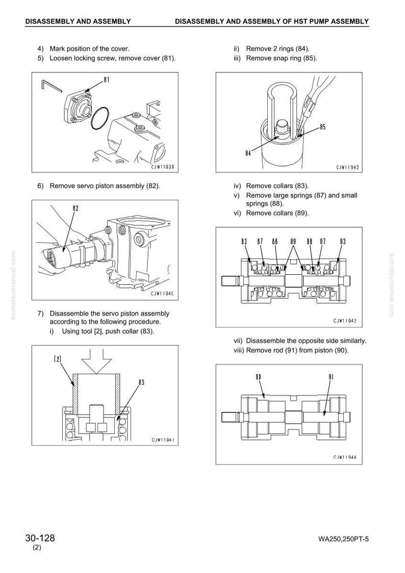 K&ouml;nnte beinhalten: Diagramm zur Demontage und Montage einer HST-Pumpenbaugruppe. Das Bild zeigt verschiedene Komponenten, darunter Ringe, Federn, Kragen und eine Servokolbenbaugruppe, mit Beschriftungen und Anweisungen. Der Text enth&auml;lt "DISASSEMBLY AND ASSEMBLY" und "WA250,250PT-5".