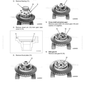 K&ouml;nnte beinhalten: Diagramm zur Demontage einer Getriebeanordnung mit Etiketten und Teilenummern. Enth&auml;lt Abbildungen von Getriebegeh&auml;usedeckel A, Seitenzahnrad A, Kreuzwelle, Ritzel und Seitenzahnrad B. Die Bolzenbreite betr&auml;gt 30 mm.