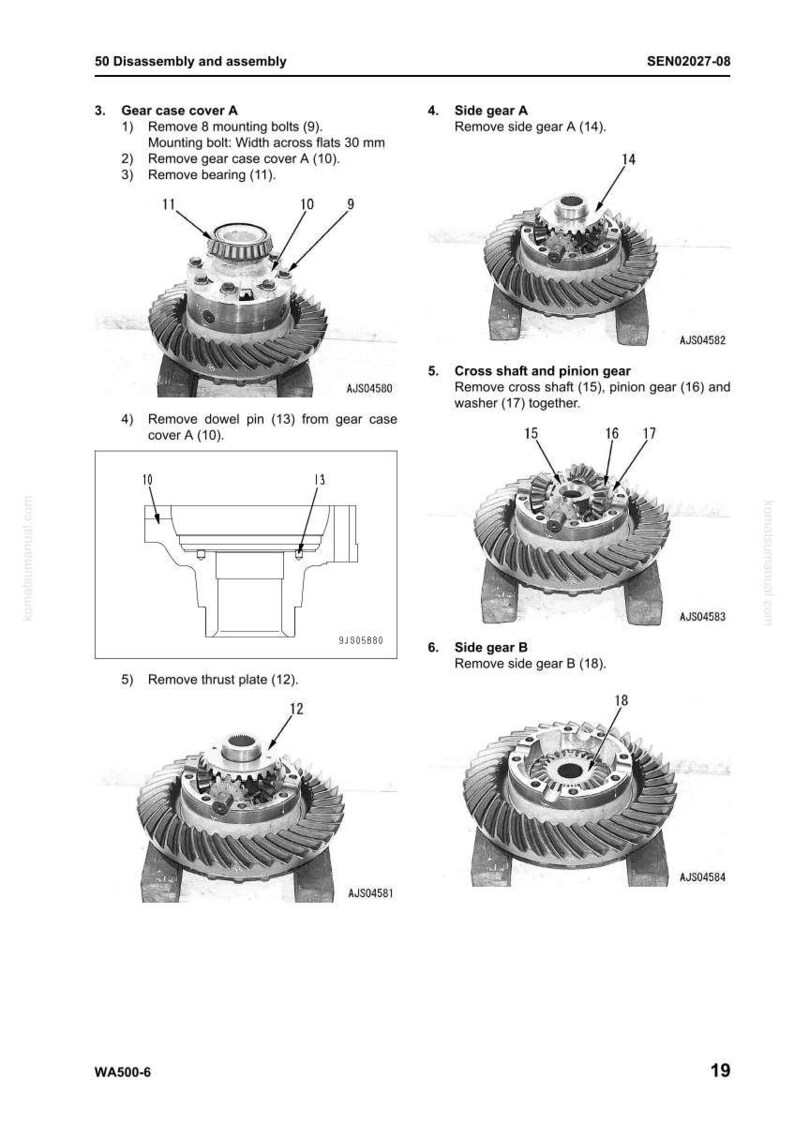 K&ouml;nnte beinhalten: Diagramm zur Demontage einer Getriebeanordnung mit Etiketten und Teilenummern. Enth&auml;lt Abbildungen von Getriebegeh&auml;usedeckel A, Seitenzahnrad A, Kreuzwelle, Ritzel und Seitenzahnrad B. Die Bolzenbreite betr&auml;gt 30 mm.