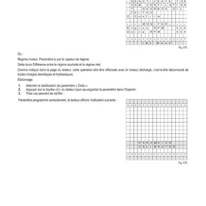 May include: A technical diagram with text in French, detailing electronic settings and diagnostics. Includes tables with parameters like RPM and engine monitoring, and instructions for calibration. The image also shows a grid with the text "PARAMETER CALIBRATED".