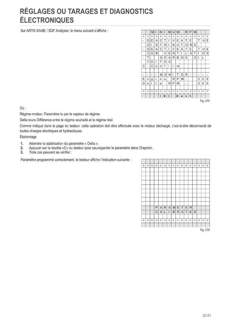 May include: A technical diagram with text in French, detailing electronic settings and diagnostics. Includes tables with parameters like RPM and engine monitoring, and instructions for calibration. The image also shows a grid with the text "PARAMETER CALIBRATED".
