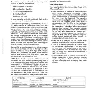 May include: A page from a manual titled "Portable Test Unit (PTU)" with text describing the PTU's features, operational hints, and software instructions. Includes a table with conventions and examples. The page is from Electrical Propulsion Components.