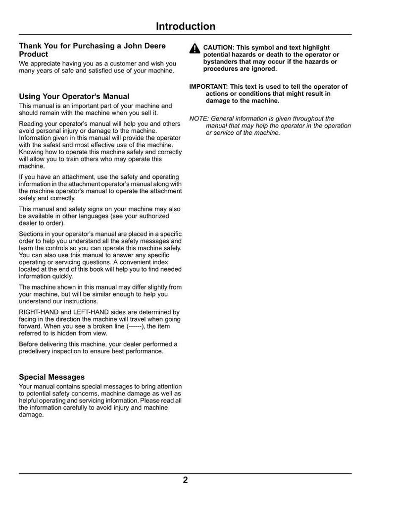 Puede incluir: Manual "Introducci&oacute;n" de John Deere, con texto negro sobre fondo blanco. Contiene informaci&oacute;n de seguridad, instrucciones de funcionamiento y mensajes especiales. La p&aacute;gina 2 es visible.