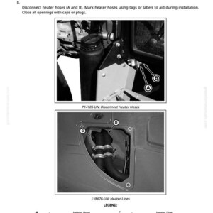 May include: Two black and white images from a manual showing automotive parts. The top image shows a black container and metal components. The bottom image shows black hoses and metal clamps. Text includes "Disconnect Heater Hoses" and "Heater Lines."