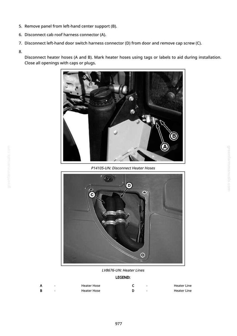 May include: Two black and white images from a manual showing automotive parts. The top image shows a black container and metal components. The bottom image shows black hoses and metal clamps. Text includes "Disconnect Heater Hoses" and "Heater Lines."
