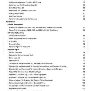 May include: A white-backgrounded page from a manual with a detailed table of contents. The text includes sections on lubricants, power train, driveline malfunctions, and driveline repair, with page numbers listed on the right.