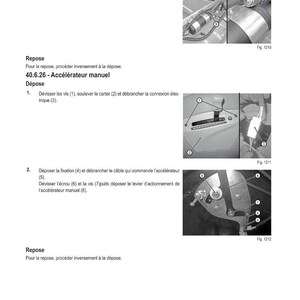 Puede incluir: Diagrama en blanco y negro con texto en franc&eacute;s que detalla procedimientos mec&aacute;nicos. Incluye im&aacute;genes de primer plano de componentes como tornillos, palancas y filtros. El texto incluye "M&Eacute;THODE D'INTERVENTION" y "40.6.26 - Acc&eacute;l&eacute;rateur manuel".