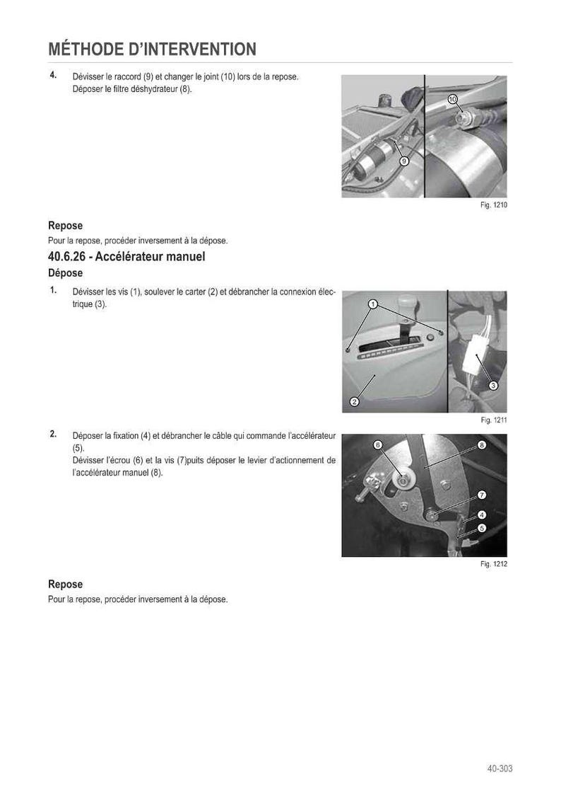 Puede incluir: Diagrama en blanco y negro con texto en franc&eacute;s que detalla procedimientos mec&aacute;nicos. Incluye im&aacute;genes de primer plano de componentes como tornillos, palancas y filtros. El texto incluye "M&Eacute;THODE D'INTERVENTION" y "40.6.26 - Acc&eacute;l&eacute;rateur manuel".