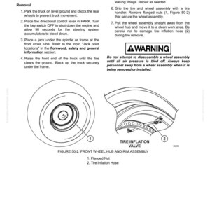 May include: Diagram showing front wheel hub and rim assembly, with labels for flanged nut and tyre inflation hose. Instructions for removal and installation are included, with safety warnings.