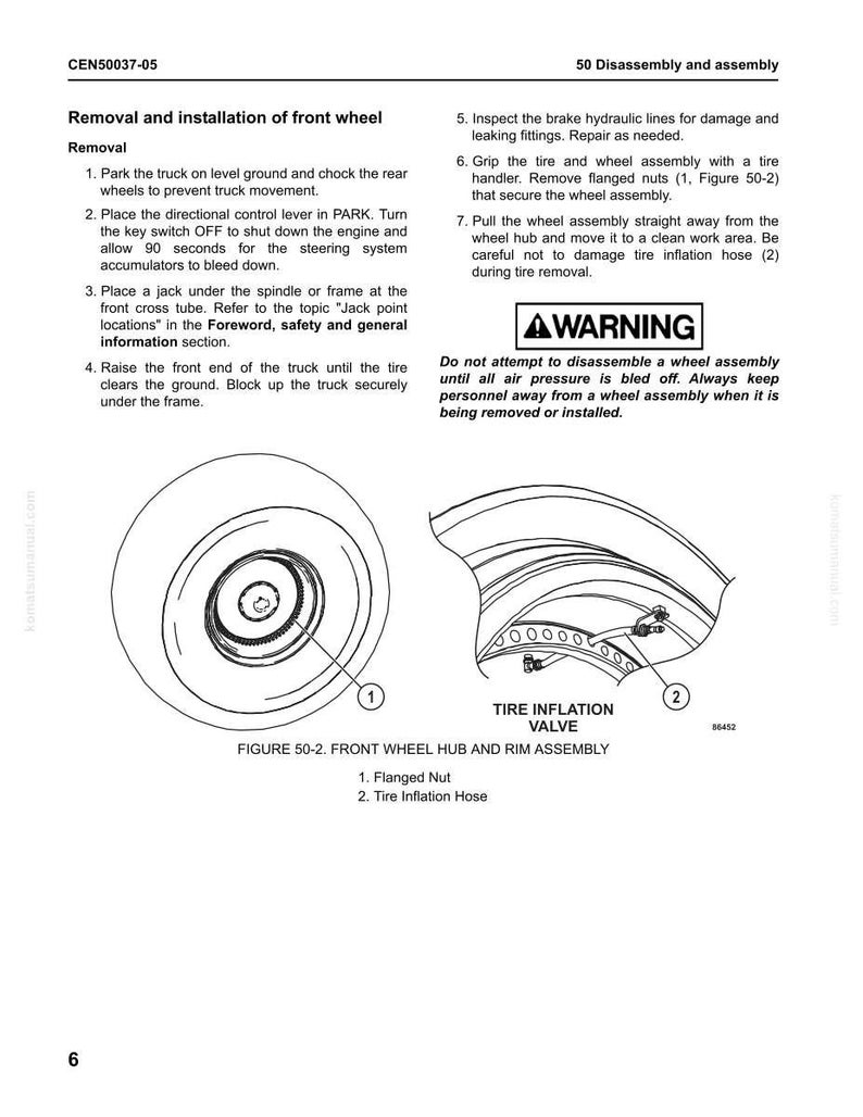 May include: Diagram showing front wheel hub and rim assembly, with labels for flanged nut and tyre inflation hose. Instructions for removal and installation are included, with safety warnings.