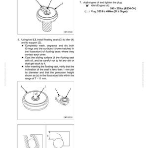 May include: Diagram of idler assembly components with labels and instructions. Includes illustrations of parts like shafts, supports, O-rings, and floating seals. Text provides assembly steps and specifications for engine oil and plug torque.