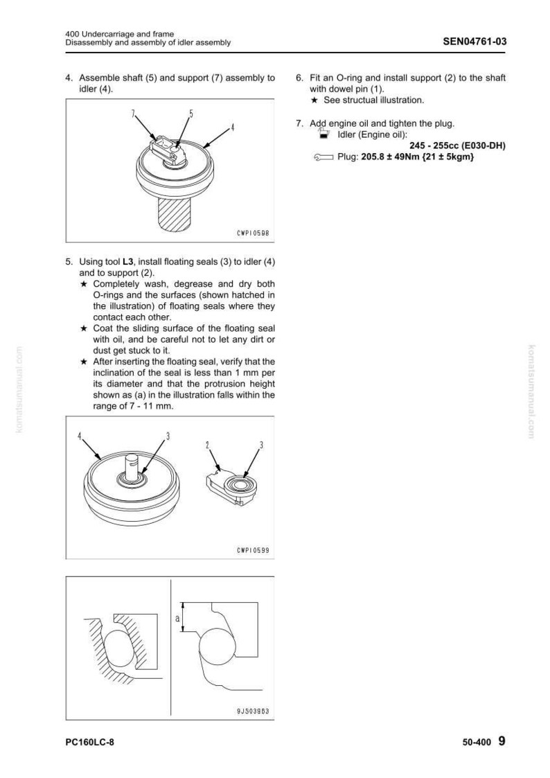 May include: Diagram of idler assembly components with labels and instructions. Includes illustrations of parts like shafts, supports, O-rings, and floating seals. Text provides assembly steps and specifications for engine oil and plug torque.