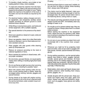 Puede incluir: Una p&aacute;gina de un manual con instrucciones de seguridad. El texto incluye advertencias sobre remolque, carga y servicio de maquinaria, enfatizando la importancia del equipo de seguridad como gafas y guantes. El documento est&aacute; fechado en 2013.