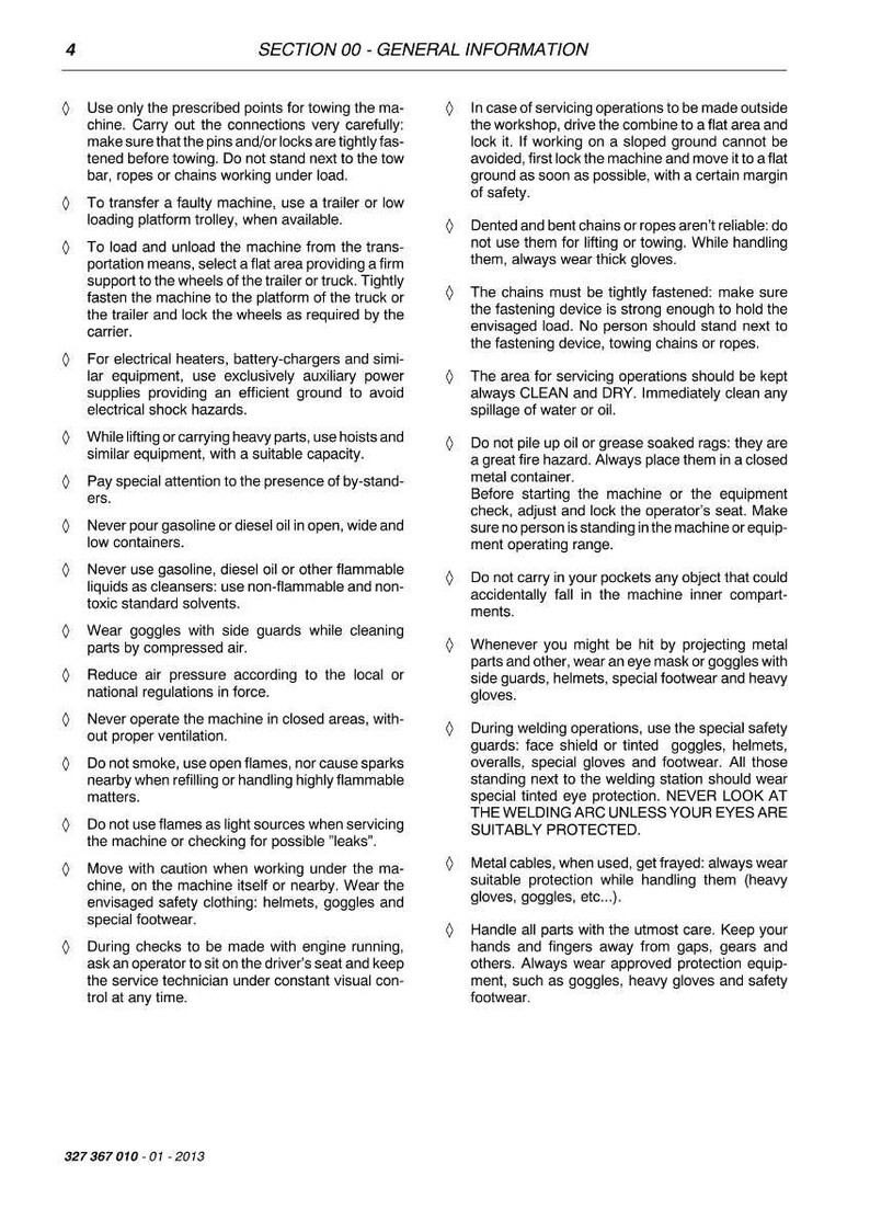 Puede incluir: Una p&aacute;gina de un manual con instrucciones de seguridad. El texto incluye advertencias sobre remolque, carga y servicio de maquinaria, enfatizando la importancia del equipo de seguridad como gafas y guantes. El documento est&aacute; fechado en 2013.