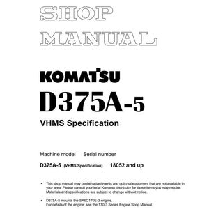May include: A white shop manual with the text "SHOP MANUAL" at the top. The Komatsu logo and "D375A-5 VHMS Specification" are prominently displayed. Includes machine model and serial number information.