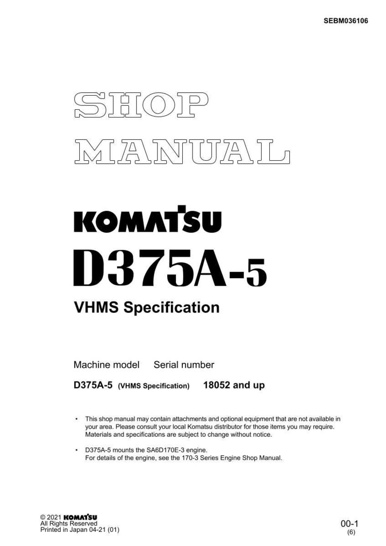 May include: A white shop manual with the text "SHOP MANUAL" at the top. The Komatsu logo and "D375A-5 VHMS Specification" are prominently displayed. Includes machine model and serial number information.