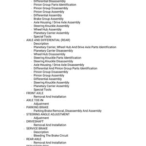 K&ouml;nnte beinhalten: Eine Liste von Kfz-Reparaturverfahren, einschlie&szlig;lich der Identifizierung, Demontage und Montage von Lenkhebel-, Bremsgruppen- und Differentialteilen. Enth&auml;lt auch Verfahren f&uuml;r Vorderachse, Hinterachse und Betriebsbremse.