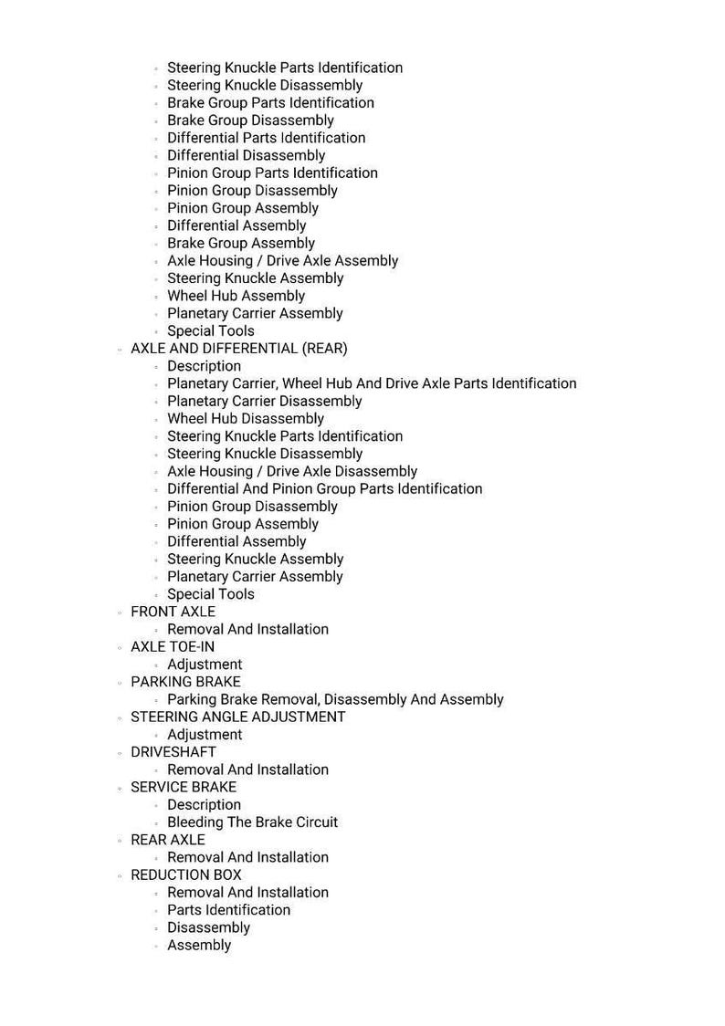 K&ouml;nnte beinhalten: Eine Liste von Kfz-Reparaturverfahren, einschlie&szlig;lich der Identifizierung, Demontage und Montage von Lenkhebel-, Bremsgruppen- und Differentialteilen. Enth&auml;lt auch Verfahren f&uuml;r Vorderachse, Hinterachse und Betriebsbremse.