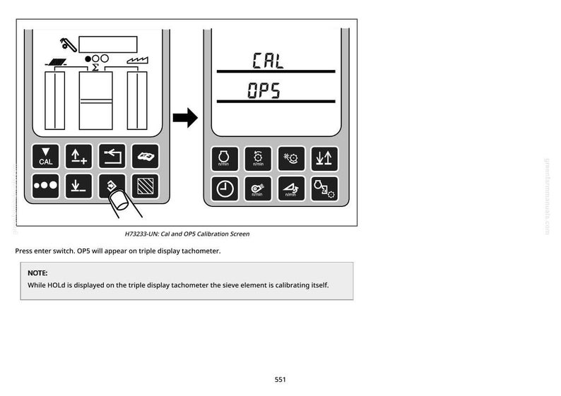 May include: A black and white diagram of a calibration screen with the text "CAL" and "OPS". The diagram shows a finger pressing a button. The text "H73233-UN: Cal and OPS Calibration Screen" is also visible.