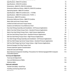 May include: A page from a manual with a table of contents. The text includes specifications, dimensions, and torque values for various combine models. The document also covers tune-up, adjustment, and fuel-related topics.