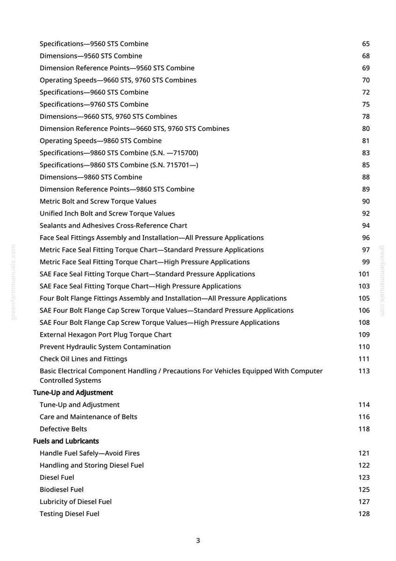 May include: A page from a manual with a table of contents. The text includes specifications, dimensions, and torque values for various combine models. The document also covers tune-up, adjustment, and fuel-related topics.