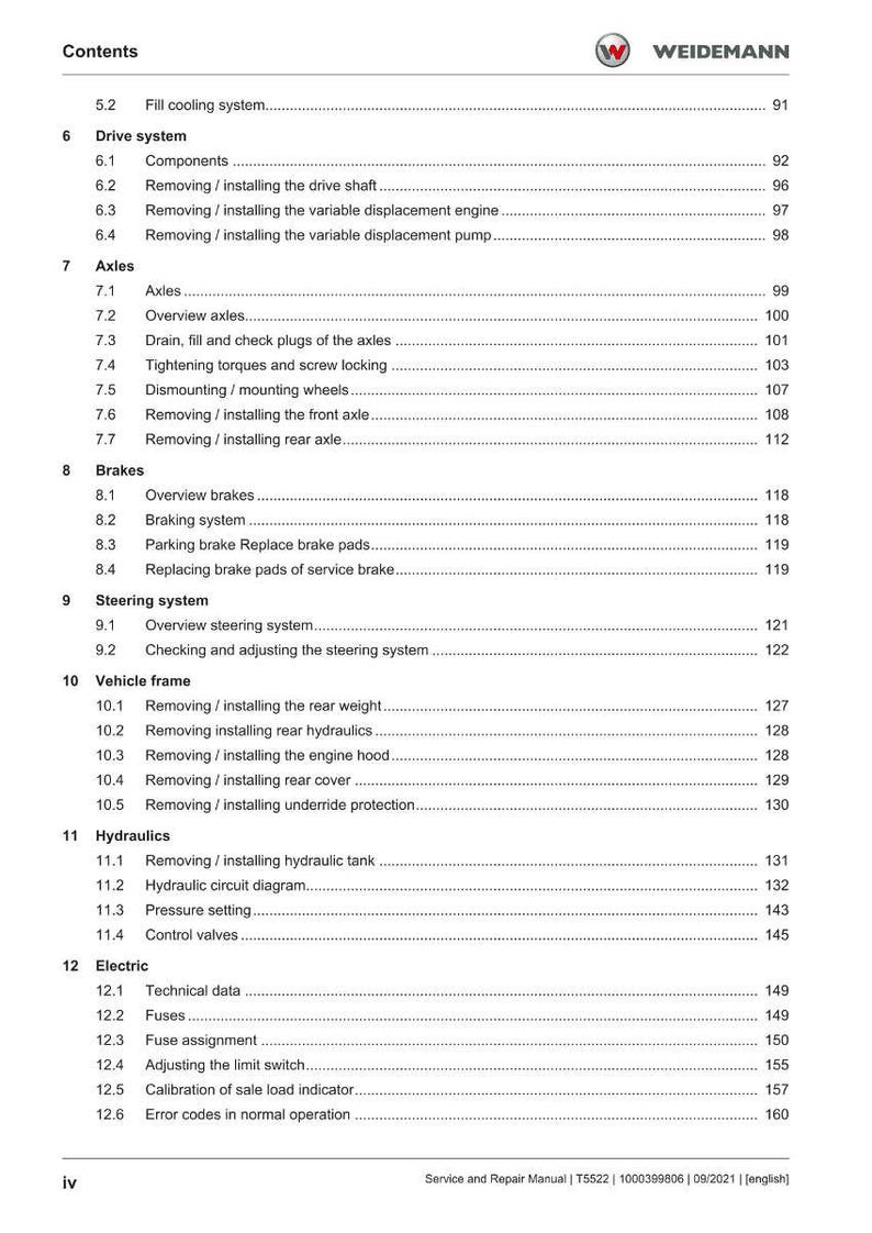 May include: A page from a service and repair manual, featuring a table of contents with various sections like 'Drive system,' 'Axles,' and 'Brakes.' The Weidemann logo is visible at the top. The manual is dated 09/2021.