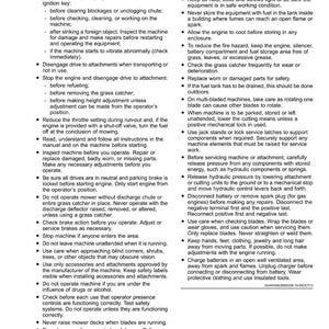 May include: A safety manual page with black text on a white background. The page is divided into two sections: "Safety" and "Maintenance and Storage", providing instructions for safe operation and storage of machinery.
