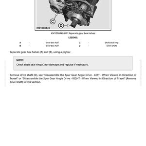 May include: Diagram of a mechanical component, likely a gear box, with labels A, B, C, and D. The text "KM1000449-UN: Separate gear box halves" is visible. Instructions include separating gear box halves and checking the shaft seal ring.