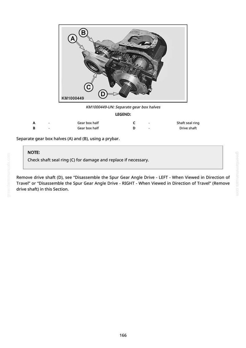 May include: Diagram of a mechanical component, likely a gear box, with labels A, B, C, and D. The text "KM1000449-UN: Separate gear box halves" is visible. Instructions include separating gear box halves and checking the shaft seal ring.