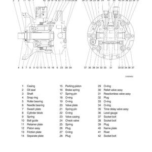 May include: Diagram of a swing motor with labeled parts. The image is a technical illustration with callouts for components like the casing, oil seal, shaft, and various O-rings. The diagram is labeled "1) SWING MOTOR".