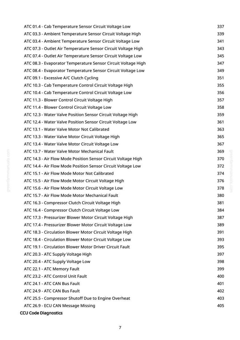 Op de afbeelding: Een witte pagina met een lijst van diagnosecodes voor airconditioning (A/C) van auto's, inclusief spanning- en sensorwaarden. De codes zijn gelabeld met ATC gevolgd door nummers, met beschrijvingen en paginanummers.