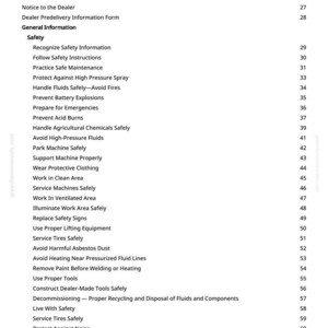 May include: A white page titled "Table of Contents" from a manual. The table lists safety topics such as "Recognize Safety Information", "Follow Safety Instructions", and "Prevent Acid Burns". Page numbers are on the right.