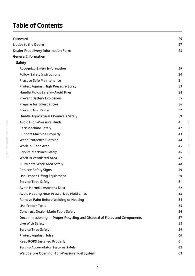 May include: A white page titled "Table of Contents" from a manual. The table lists safety topics such as "Recognize Safety Information", "Follow Safety Instructions", and "Prevent Acid Burns". Page numbers are on the right.