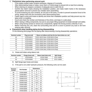 May include: A detailed technical document with tables and diagrams, providing instructions for disassembly, assembly, and precautions during operation. Includes part numbers, dimensions, and diagrams for hoses, tubes, and fittings.