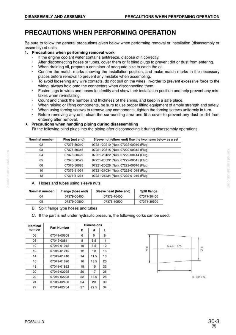 May include: A detailed technical document with tables and diagrams, providing instructions for disassembly, assembly, and precautions during operation. Includes part numbers, dimensions, and diagrams for hoses, tubes, and fittings.